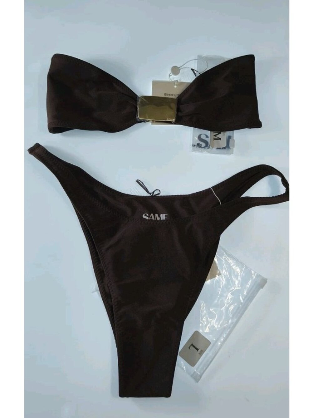 SAME Los Angeles Bikini Top M Bottom L Brown Gold Bar Bandeau High Cut NWT